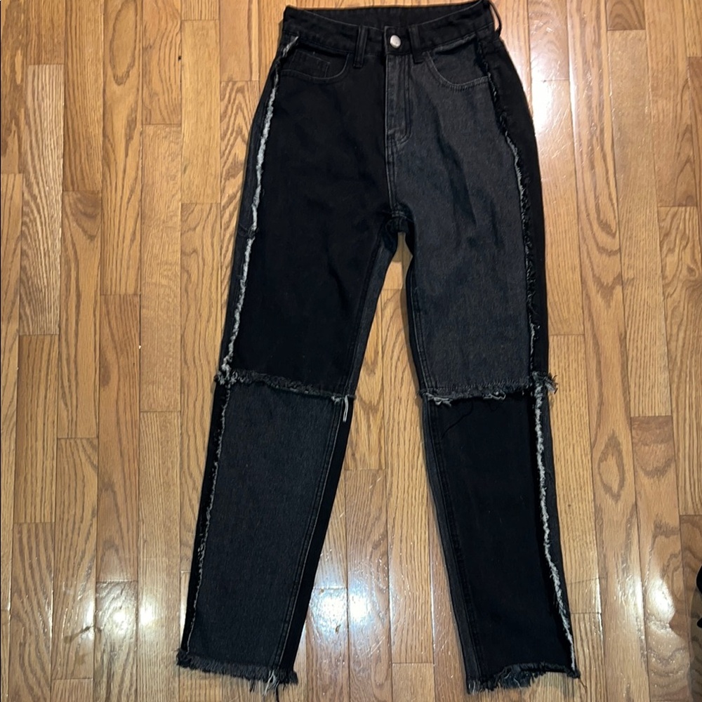 Shein black and gray colour block straight jeans
